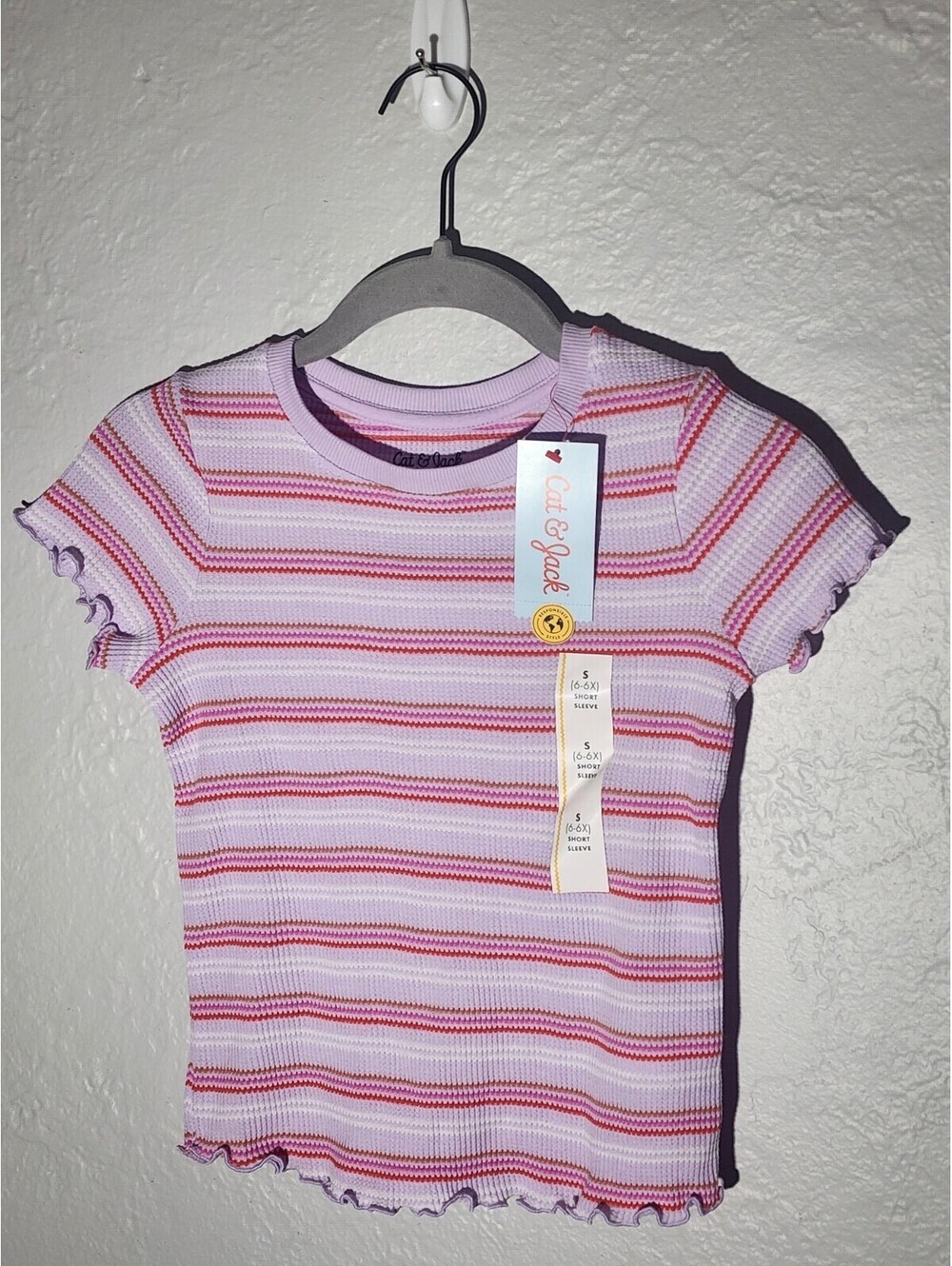 Girls Short Ruffled Sleeve Mini Waffle T Shirt Cat & Jack Lilac Stripe S (6/6x)